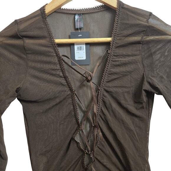 NWT Frederick's of Hollywood Lola Brown Mesh Long-Sleeve Lace-Up Bodysuit Size M - Picture 3 of 12